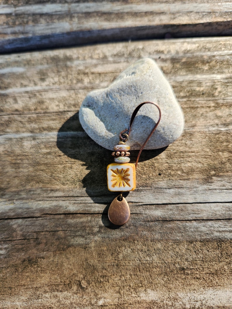 Best Seller!!! Alabaster: Earrings of Czech Glass Squares & Antique Copper Teardrops Dangles, More Than 300 Sold image 3