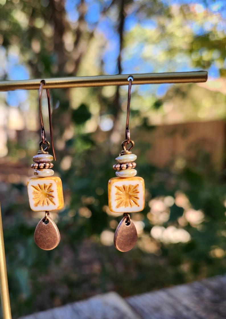 Best Seller!!! Alabaster: Earrings of Czech Glass Squares & Antique Copper Teardrops Dangles, More Than 300 Sold image 11