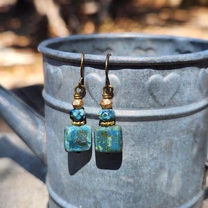 Mini: Boho Tile Earrings, Travertine Blue Czech Glass & Antique Brass