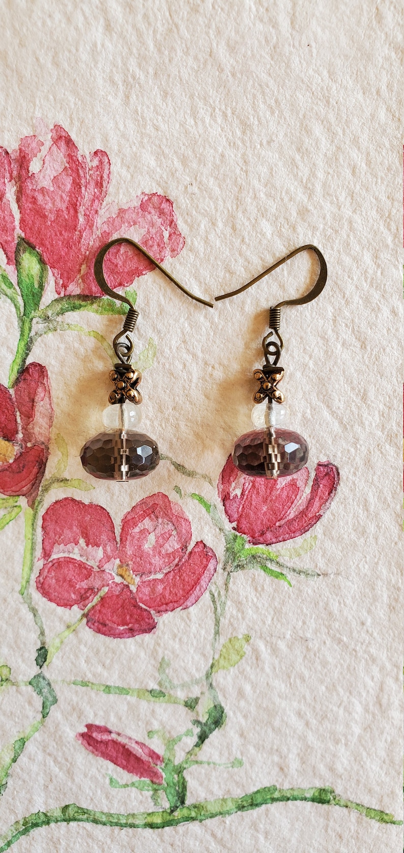 Smokie glass and brass earrings
