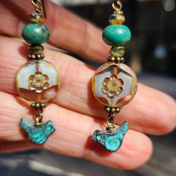 Windows to the Soul Earrings, Czech Glass Earrings, Flower Coin Earrings, Patina Bird Boho Earrings, Turquoise Earrings