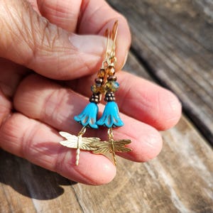 Joyful Dragonfly Earrings, Bell Flower Blue Czech Earrings, Boho Brass Dragonfly Dangle Earrings, Nature Lover Jewelry