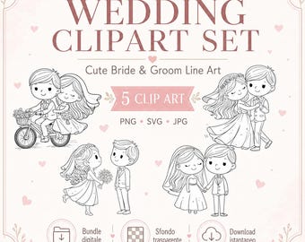 Wedding Clipart Set – Cute Bride Groom Clipart, Romantic Wedding Line Art PNG SVG JPG (Digital Download)