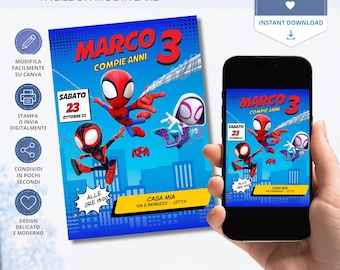 Spidey and Friends Birthday Invitation, Editable Canva Superhero Party Template