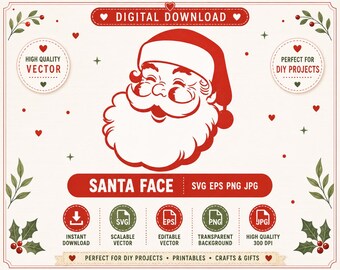 Santa Face Cut File, Christmas Svg Png Dxf Jpg for Cricut Silhouette