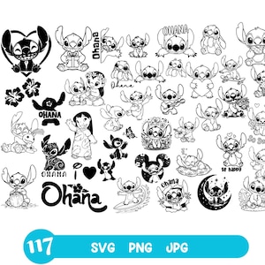 Può includere: Una collezione di illustrazioni in bianco e nero con il personaggio Stitch di Lilo & Stitch. Le immagini mostrano Stitch in varie pose, insieme alla parola "Ohana" e ad altre grafiche correlate. Il numero "117" è visualizzato con il testo "SVG PNG JPG".