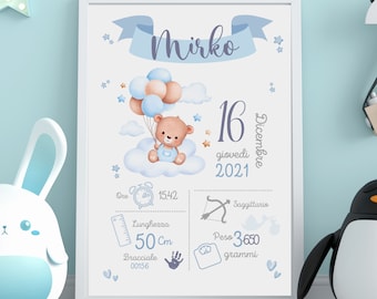 Personalized Teddy Bear Birth Print: Baby Keepsake (Digital PDF File A4 Format 21x29.7 cm)