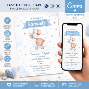 Può includere: Un modello di invito digitale per un battesimo con un'illustrazione ad acquerello di un orsetto che tiene dei palloncini seduto su una nuvola. Il design include stelle blu e beige, il nome Samuele e i dettagli dell'evento in lingua italiana.