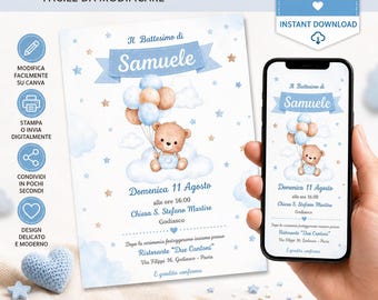 Teddy Bear Baptism Invitation, Editable Canva Template, Printable Digital Download