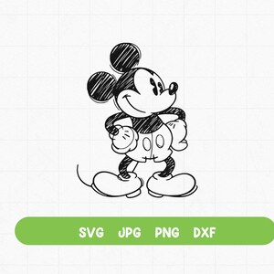 May include: A black and white line drawing of Mickey Mouse with a simple, cartoonish style. Mickey is standing with his arms crossed and a smile on his face.