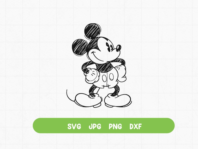 May include: A black and white line drawing of Mickey Mouse with a simple, cartoonish style. Mickey is standing with his arms crossed and a smile on his face.