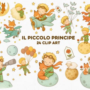 Clipart The Little Prince and Fox, 24 cute watercolor clipart The Little Prince, The Little Prince and Fox - Instant Digital Download