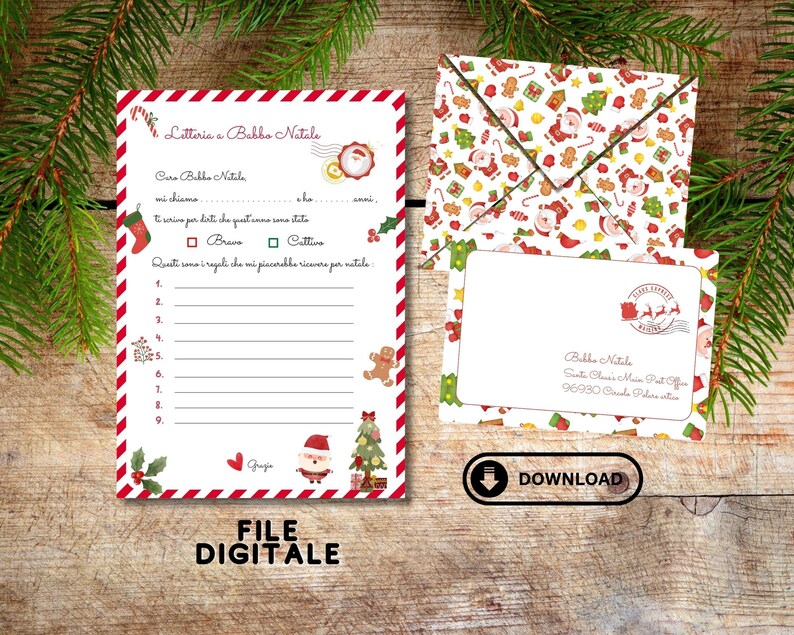 May include: A printable letter to Santa template with red and white striped borders, featuring a list for gift requests, a Santa illustration, and a matching envelope with a festive pattern of Santa, trees, and candy canes, plus a download button.