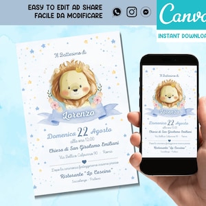 Modello editabile di Invito Battesimo Leoncino, Modello invito modificabile con Canva, modello di invito file digitale - Download