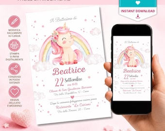 Unicorn Baptism Invitation, Editable Pink Canva Template for Baby Girl