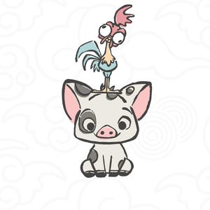 Könnte beinhalten: Cartoon-Illustration eines Schweins mit schwarzen Flecken und einem Hahn, der auf seinem Kopf sitzt. Das Schwein ist hellgrau mit rosa Ohren und einer rosa Nase. Der Hahn hat einen roten Kamm, blaue Flügel und einen gelben Körper. Der Hintergrund ist weiß mit wolkenartigen Formen.
