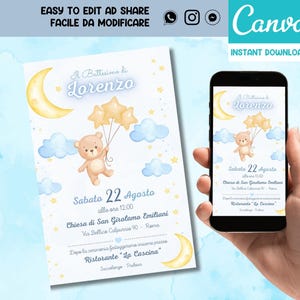 Modello editabile di Invito Battesimo orsetto azzurro, Modello invito modificabile con Canva, modello di invito file digitale - Download
