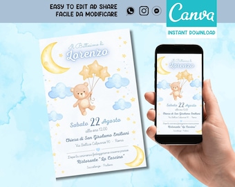 Plantilla de invitación para bautizo de osito de peluche: Pink Girl Canva (Editable)
