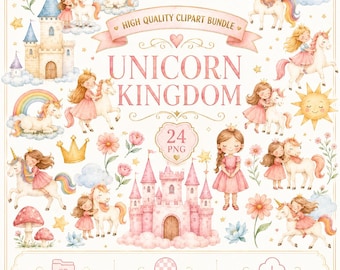 プリンセスユニコーン水彩クリップアートバンドル、おとぎ話のお城と魔法のキャラクター、デジタルダウンロード
