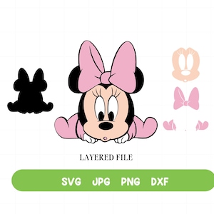 May include: A layered digital file for crafting, featuring a cartoon baby Minnie Mouse with pink bow and a pink and white outfit. The file includes SVG, JPG, PNG, and DXF formats.