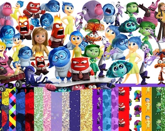 May include: A colourful collage featuring characters from the animated film "Inside Out." The characters, including Joy, Sadness, Anger, Fear, and Disgust, are depicted in various poses. Below the characters are colourful patterned designs.