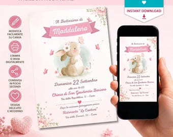 Baptism invitation Template, Bambi intvitation template, editable invitation with canva, bear baptism invitation DIGITAL FILE