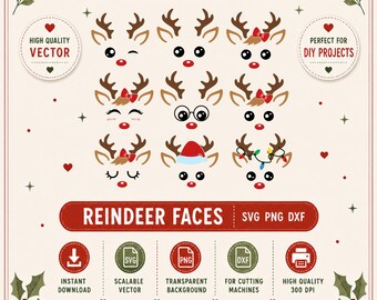 Reindeer Face SVG Bundle, Rudolph Boy Girl Clipart, Holiday Cut Files for Cricut