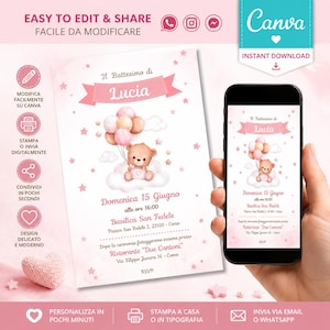 Può includere: Un modello di invito digitale per battesimo con un orsetto bruno che tiene un mazzo di palloncini rosa e beige seduto su una nuvola. Il design include stelle rosa, il nome Lucia e i dettagli dell'evento in italiano su uno sfondo rosa chiaro.