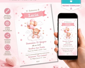 Pink Teddy Bear Baptism Invitation, Editable Canva Template, Digital Download