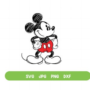 May include: A black and white line drawing of Mickey Mouse with red shorts and black shoes. Mickey is smiling and standing with his arms crossed.
