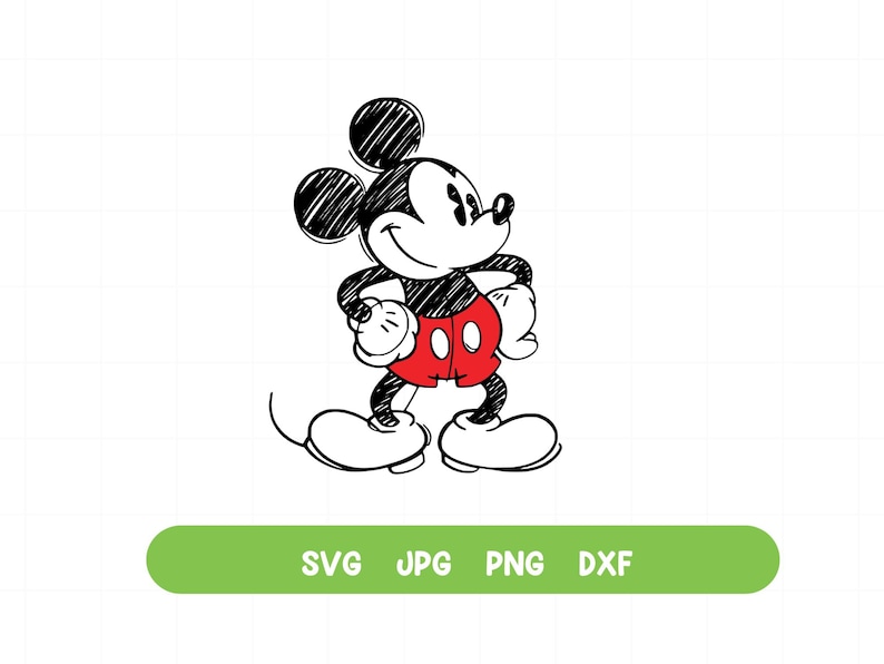 May include: A black and white line drawing of Mickey Mouse with red shorts and black shoes. Mickey is smiling and standing with his arms crossed.