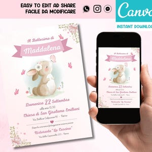 Modello Invito battesimo dolce coniglietto/ Invito battesimo bambina / Invito digitale WHATSAPP - FILE DIGITALE personalizzato