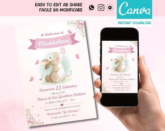 Baptism invitation Template, Bambi intvitation template, editable invitation with canva, bear baptism invitation DIGITAL FILE