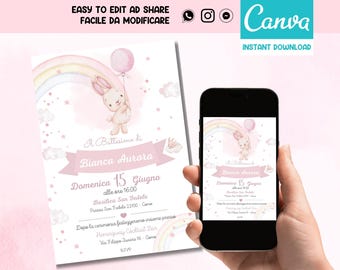 Cute Bunny Baptism Invitation Template / Girl's Baptism Invitation template / WHATSAPP Digital Invitation - Personalized