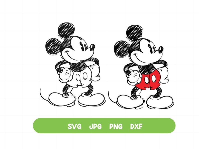 May include: A black and white line drawing of Mickey Mouse in a red and black outfit with a white outline. Mickey Mouse is standing with his arms crossed and a smile on his face.