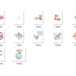 May include: A set of 13 digital illustrations featuring The Little Prince, a fox, a sheep, and other characters from the book. The illustrations are in a watercolour style and are perfect for use in scrapbooking, card making, or other creative projects.