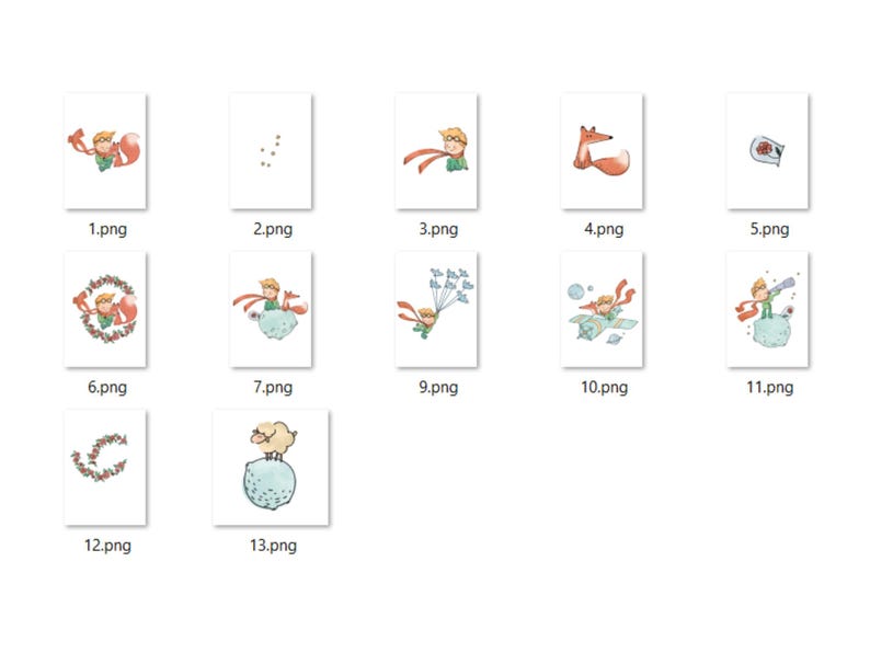 May include: A set of 13 digital illustrations featuring The Little Prince, a fox, a sheep, and other characters from the book. The illustrations are in a watercolour style and are perfect for use in scrapbooking, card making, or other creative projects.
