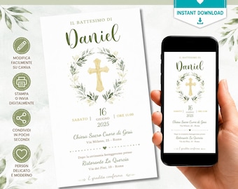 First Communion Invitation, Editable Greenery Canva Template, Printable Digital Download
