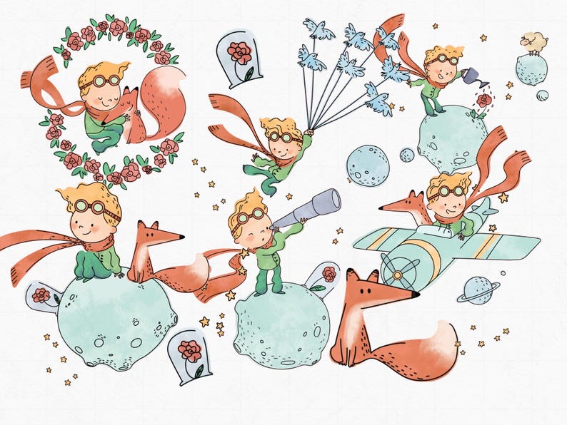 May include: A whimsical illustration featuring a little prince character in various scenes. He is seen flying with balloons, tending to a rose, exploring a planet with a fox, and flying a plane. The illustration is done in a cartoon style with bright colours and a playful feel.