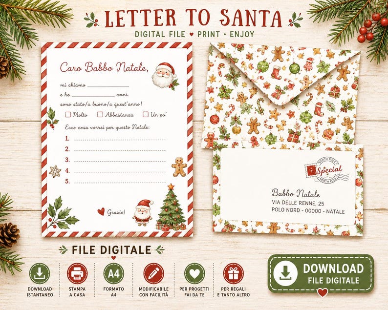 May include: A Letter to Santa stationery set featuring a template with red and white striped borders, a Santa Claus illustration, a Christmas tree, and a matching envelope decorated with gingerbread men, candy canes, and holly patterns.