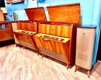 c423 MCM mid century modern Grundig Blonde stereo console with new turntable, modernized with bluetooth and Sonos ready