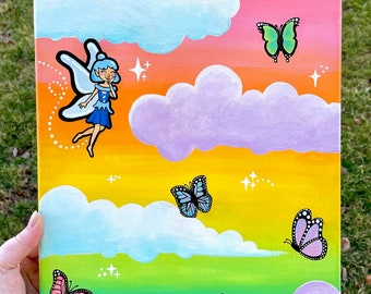 Rainbow Fairy Butterfly Sky Original Acrylic Canvas Painting