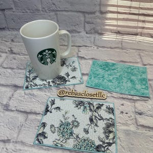 Hydrangeas Roses Quilted Mug Rug Coaster | Cloth Fabric Coaster | Hot or Cold | Drinkware | Coffee & Tea Mats | 6.5x4.5 | Single | Set of 4