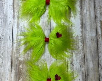 Grinch Inspired Green Fur Hair Bow with Heart Ready to Ship Small Medium Large Baby Toddler Kids Youth