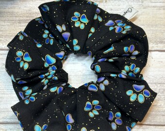 PawPrint On Black Gold  / Blue Ombre / Cat Paw / Dog Paw /  Scrunchie / Hair Tie