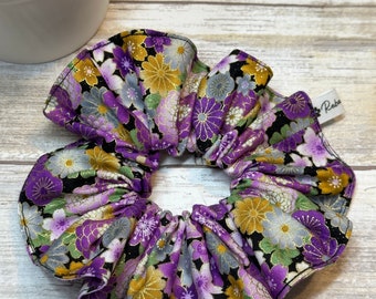 Purple Mum Floral  On Black Gold Trim Scrunchie Hair Tie