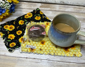 Sunflowers and Honey Bees Reversible Shaggy Mug Rug Coffee Tea Drink Coaster