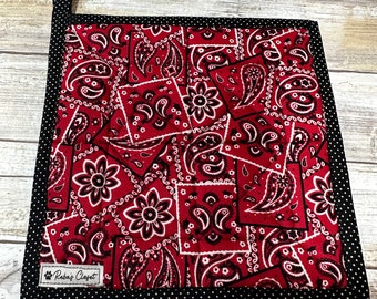 Bandana Country Red Paisley Quilted Pot Holder Hot Pad Regalo de inauguración de la casa hecho a mano