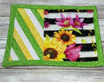 Bright Floral Sunflower Sweetpea Striped Quilted Mug Rug Coffee Tea Drink Coaster