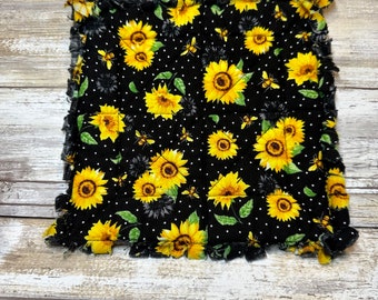 Shabby Rag Sunflower and Bees on Black Quilted Pot Holder Hot Pad Trivet